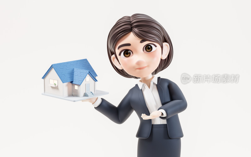 商务卡通女性与房产投资概念3D渲染