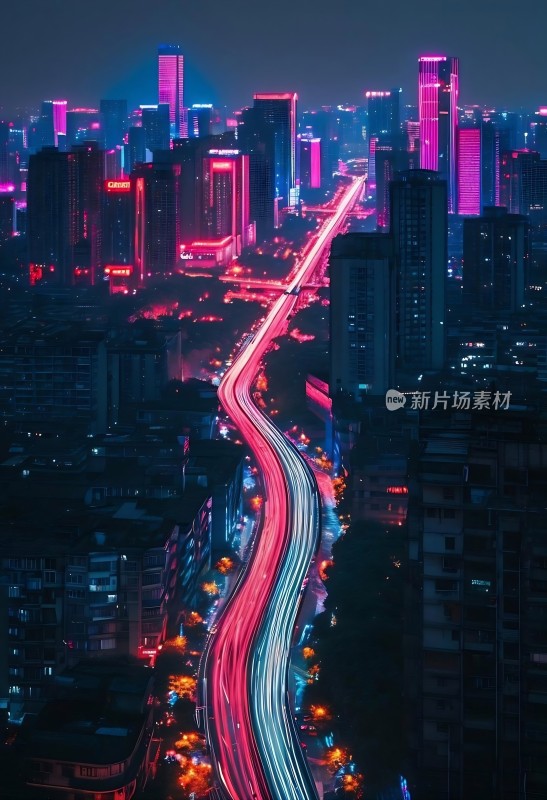 现代城市黄昏摩天高楼与立交桥夜景