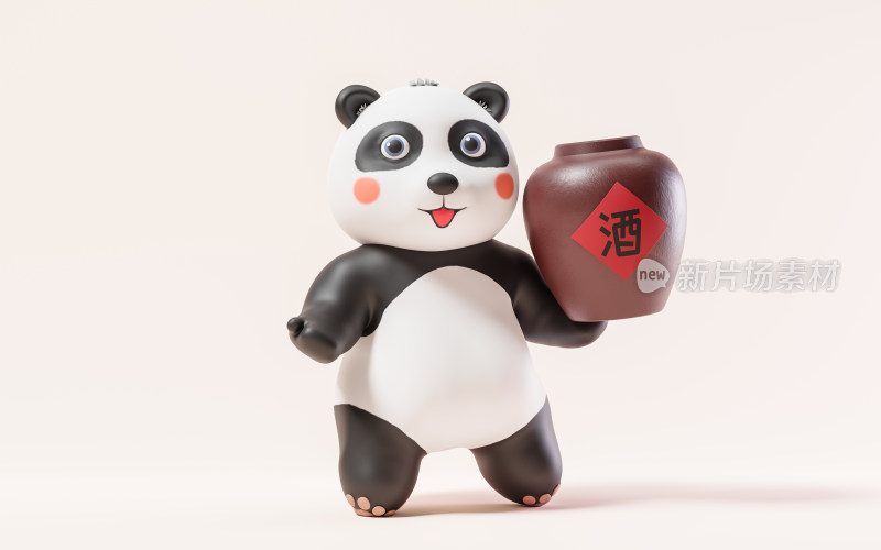 卡通大熊猫与古风酒坛子3D渲染