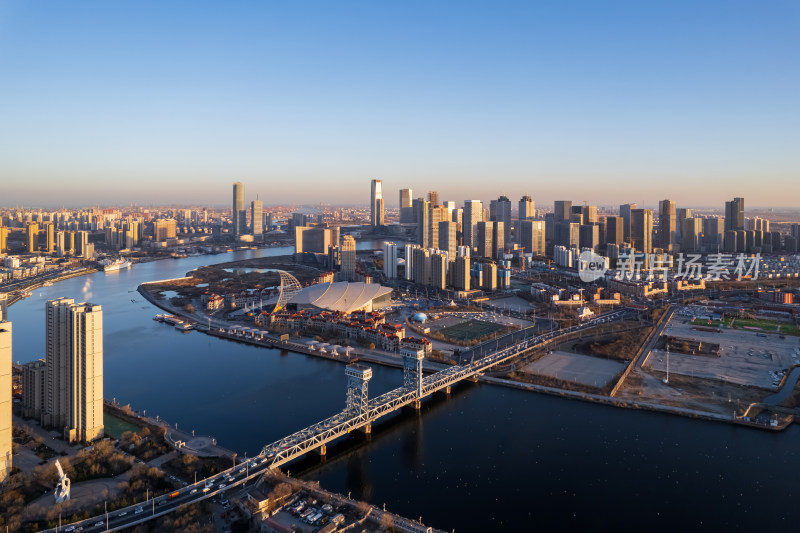 天津滨海新区海河塘沽湾城市风光航拍