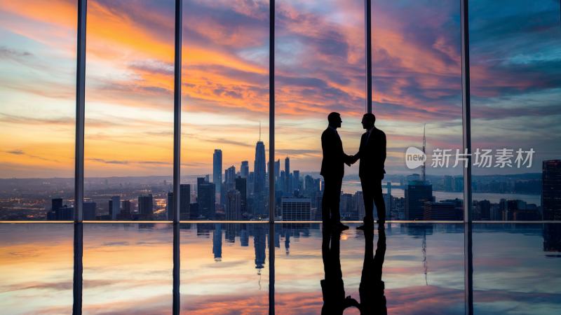 城市高楼窗边两人握手剪影