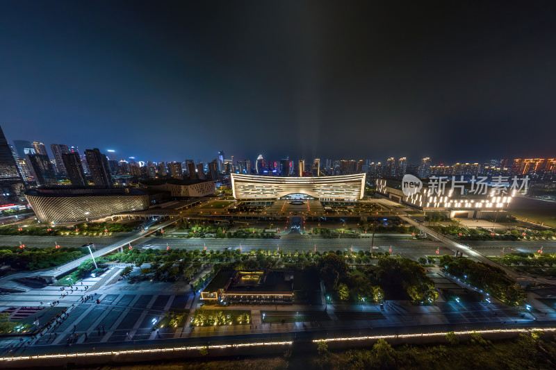 江西南昌新图书馆建筑蓝调夜景高空航拍