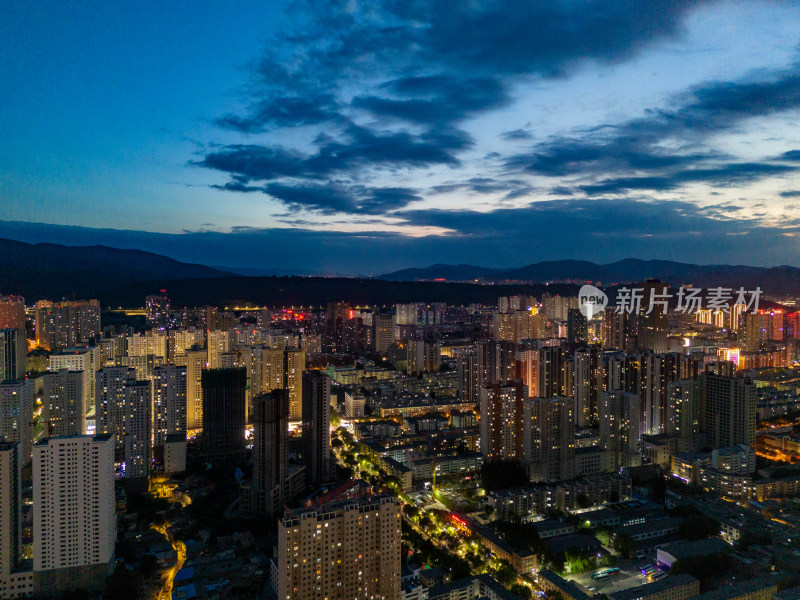 西宁城市夜幕降临夜景航拍图