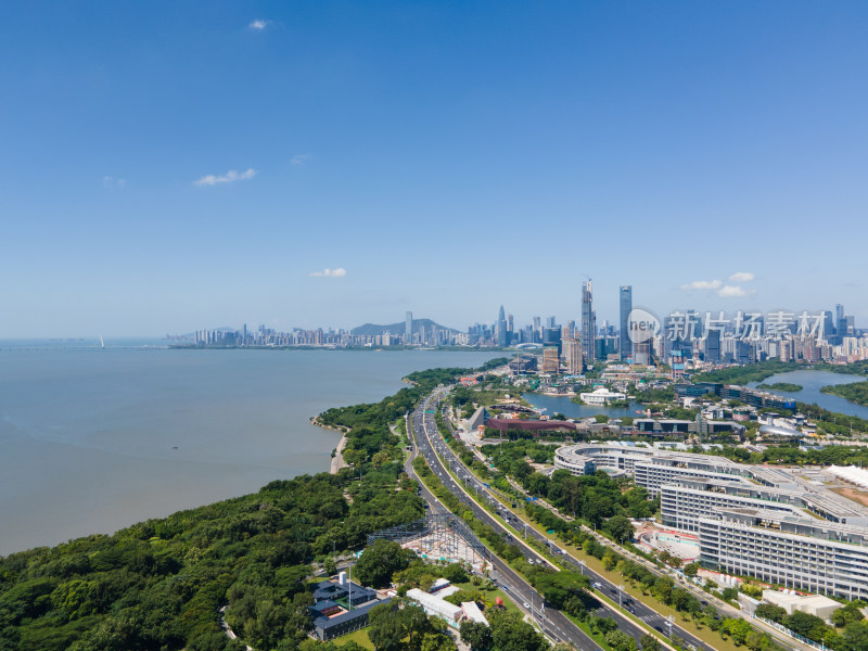 航拍广东深圳南山深圳湾风光 天际线与海湾