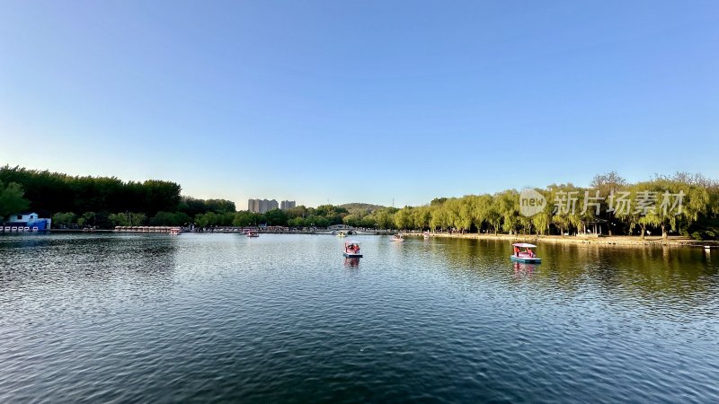 公园湖泊风景，植物，湖面，船只，风景素材