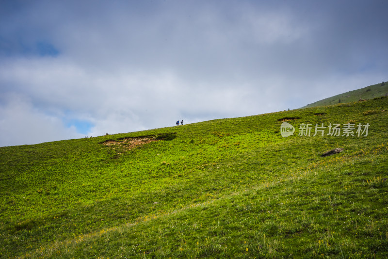 蓝天白云下广袤草原与连绵山峦自然风景