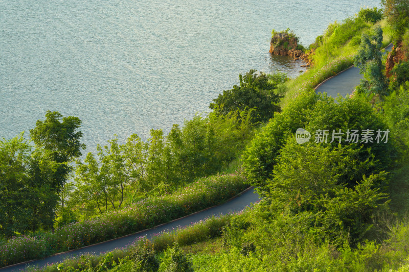 沿湖而建蜿蜒曲折的优美自然景观道路