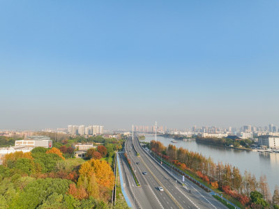 航拍昆山秋冬道路风光大景