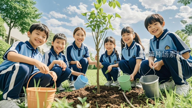 植树节忙碌的学生、志愿者在空地上植树造林