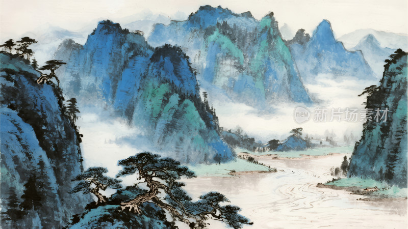 中式禅意青绿山水云雾缭绕背景图