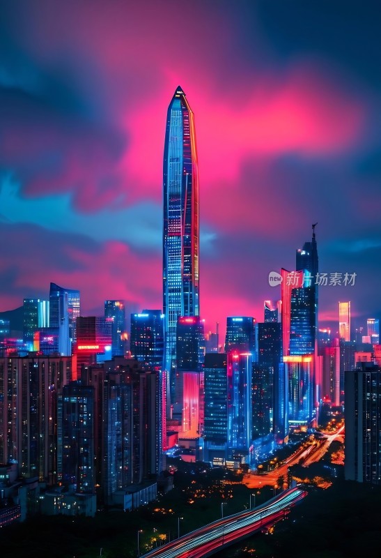 现代城市黄昏摩天高楼与立交桥夜景