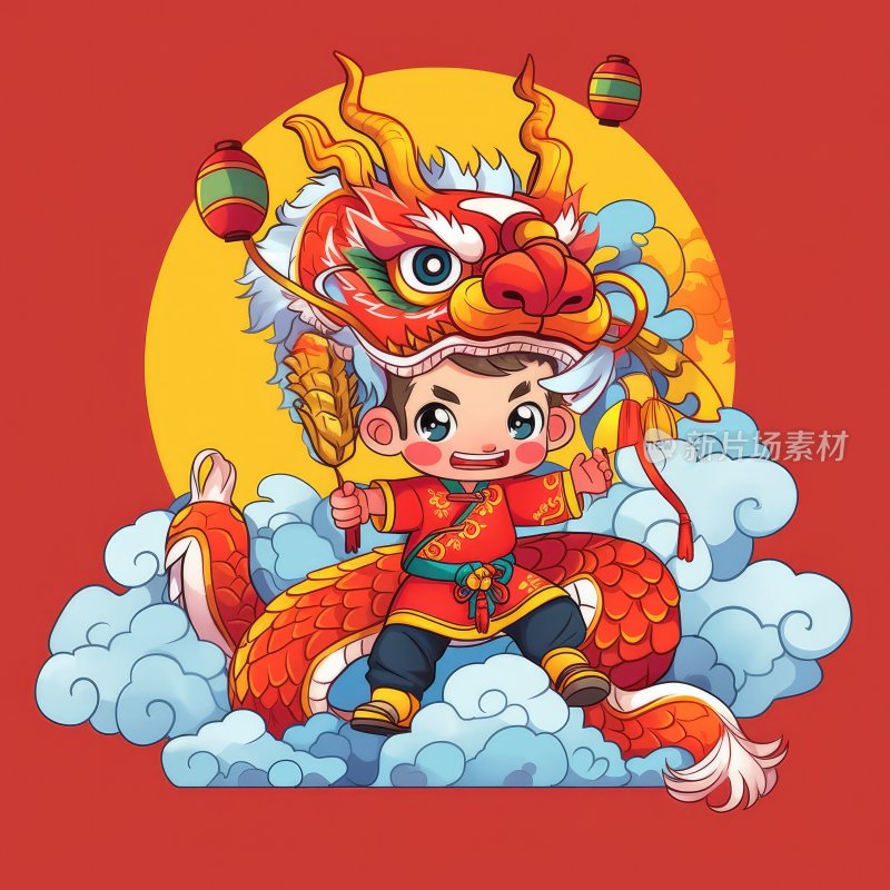 国潮插图，舞龙的小男孩