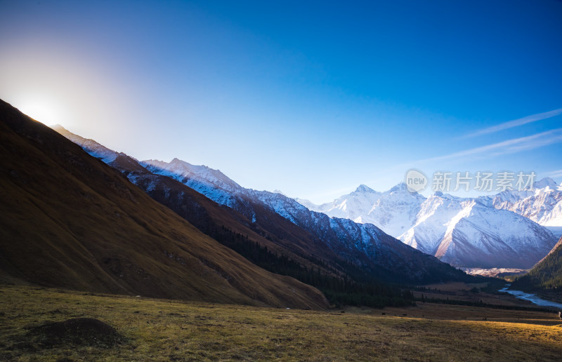 雪山清晨第一缕阳光照在金色的草地上