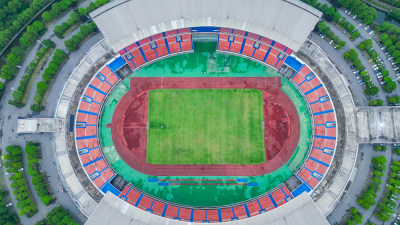 航拍湖北荆门市生态运动公园体育场