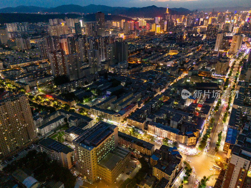 西宁城市夜幕降临夜景航拍图