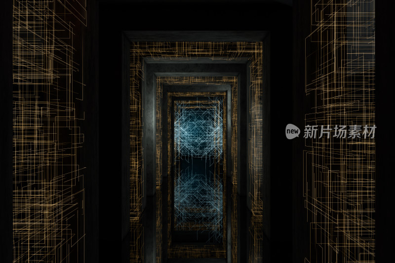 黑暗的电子线条与隧道 3D渲染