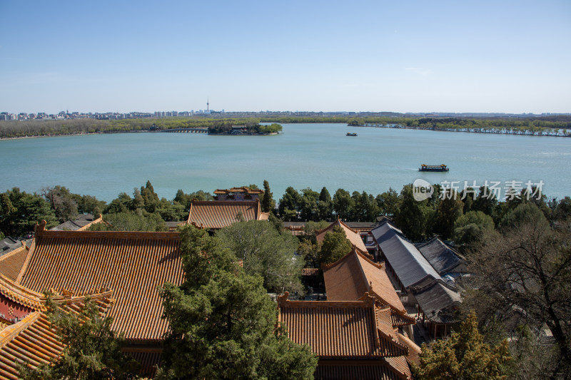 北京颐和园春日风光湖光山色和古建筑群