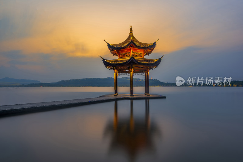 杭州西湖集贤亭晚霞日落夜景