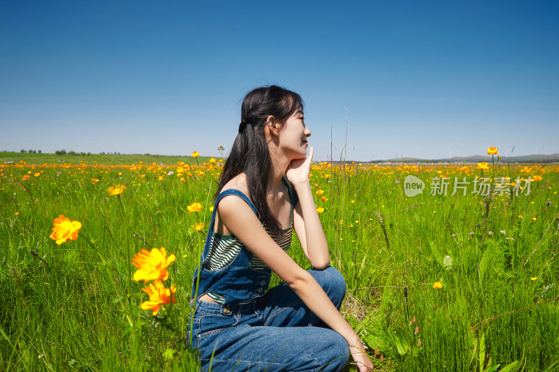 盛夏在草原湿地公园游玩的姑娘