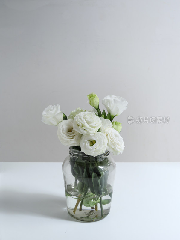 白色桌面上的一瓶白色的插花