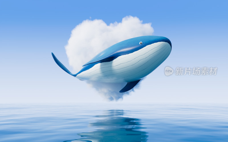 水面上心形的云朵与蓝鲸3D渲染