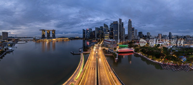 新加坡滨海湾金沙海滨奥林匹克蓝调夜景航拍