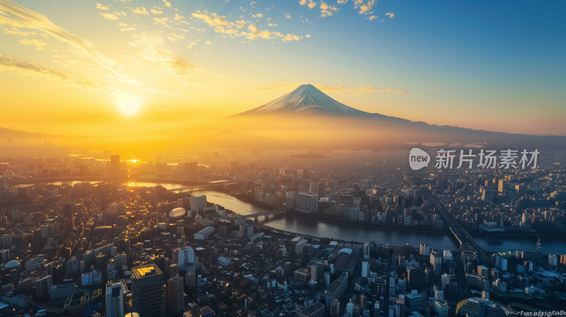 金色晨光照亮富士山的雪顶和下方繁忙的城市