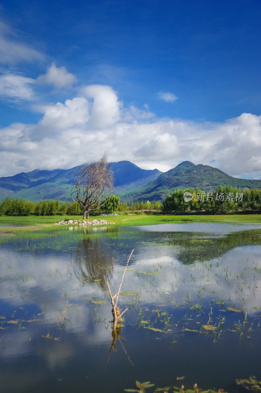 丽江拉市海湿地蓝天白云青山绿水自然风景