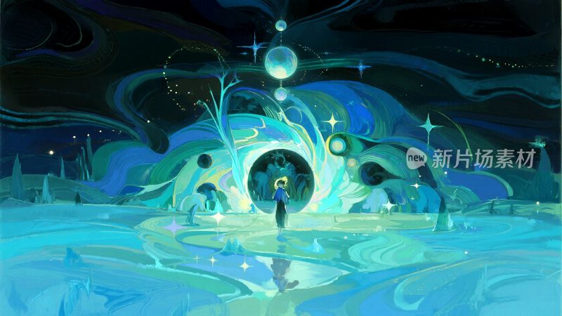 人物置身奇幻蓝色光影场景