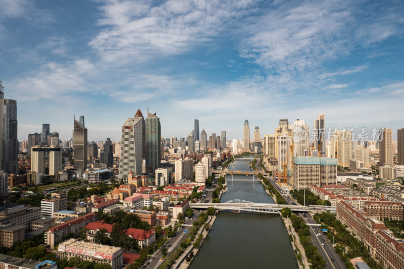 天津海河风景线小白楼商圈城市建筑风光航拍