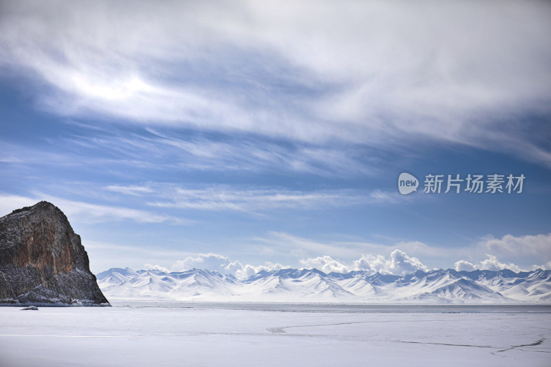 雪山下的岩石与广阔冰原全景