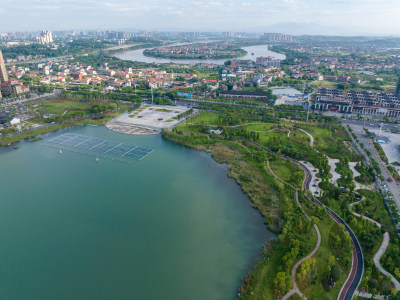 航拍清晨蓝天白云下 湖南省衡阳市酃湖公园