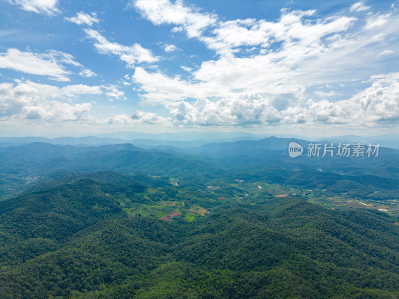 航拍天空高山农田田园村寨风光