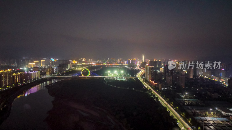 陕西宝鸡渭河两岸夜景灯光航拍图