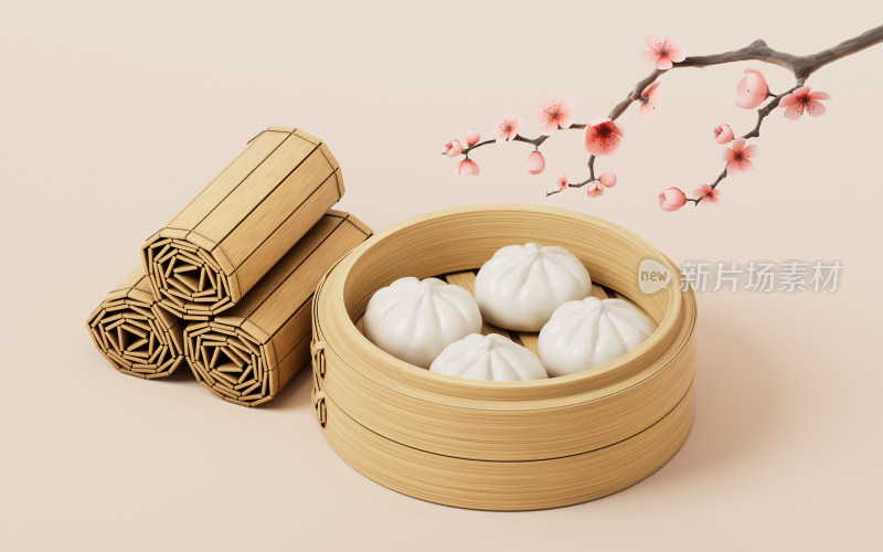 中国传统美食蒸包子3D渲染