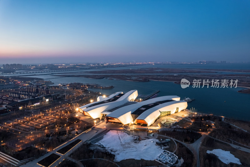 天津生态城南湾国家海洋博物馆城市夜景航拍