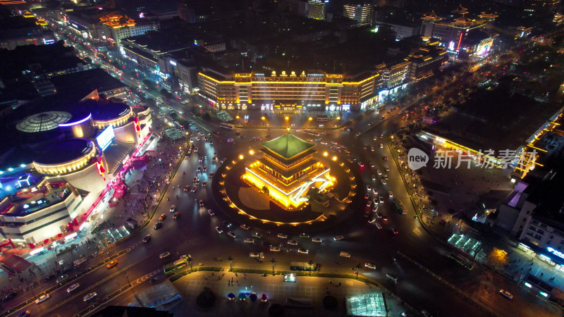 西安钟楼地标夜景航拍图