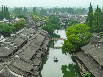 航拍江南水乡古镇乌镇全景