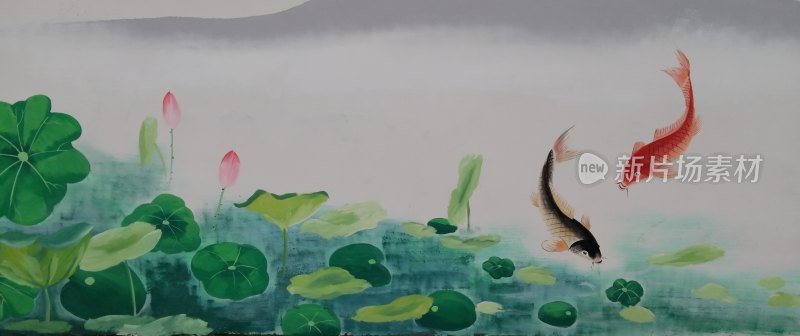 壁画-荷花，鲤鱼戏水