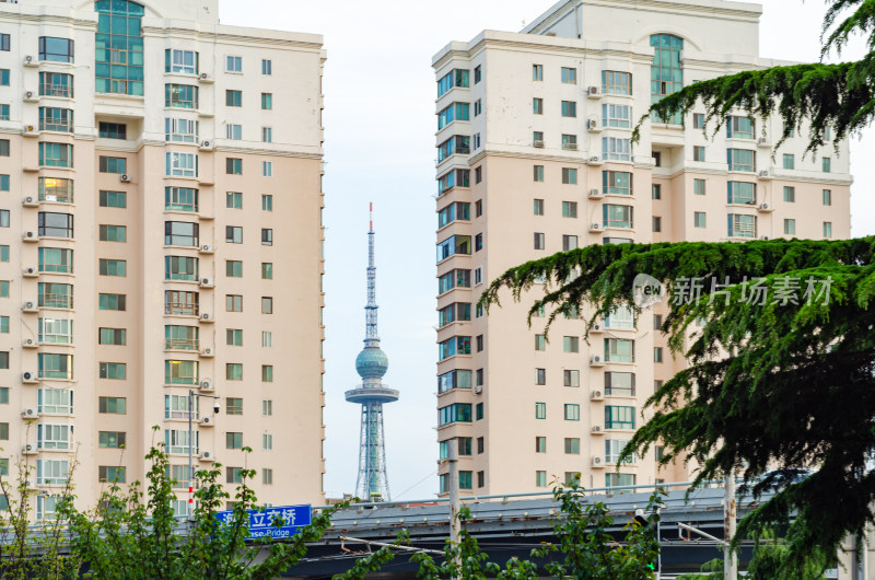 城市高楼间的电视塔景观