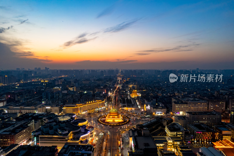 西安晚霞夜幕降临夜景灯光航拍摄影图