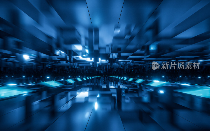 蓝色科技感方块隧道3D渲染