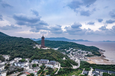 浙江舟山普陀山宝陀讲寺风光航拍