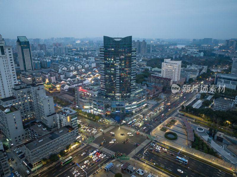 浙江宁波CBD城市光影日出夜景高空航拍