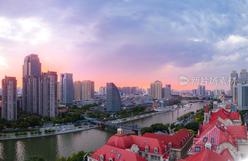 天津海河古文化街码头城市夜景风光航拍