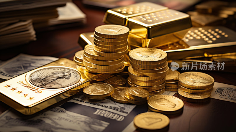 金质硬币与金条堆积的财富象征画面