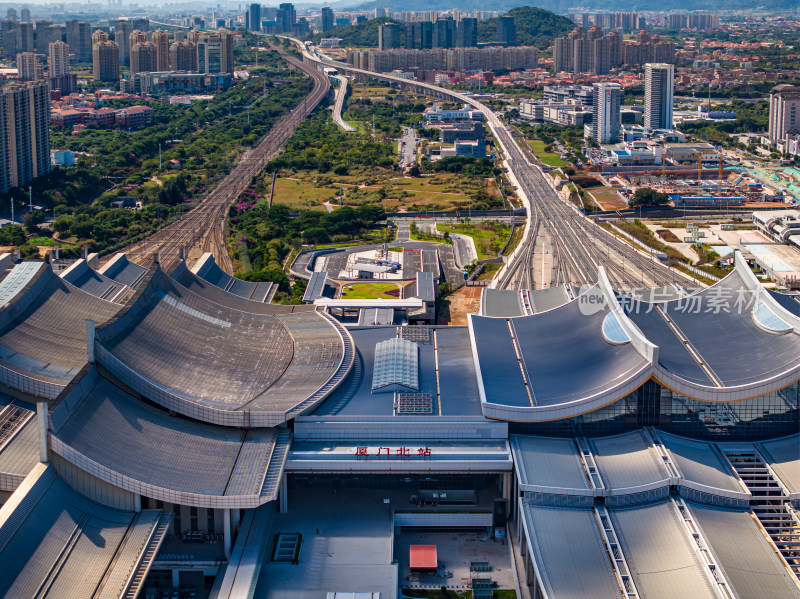 福建厦门北站高铁站火车站航拍城市风景