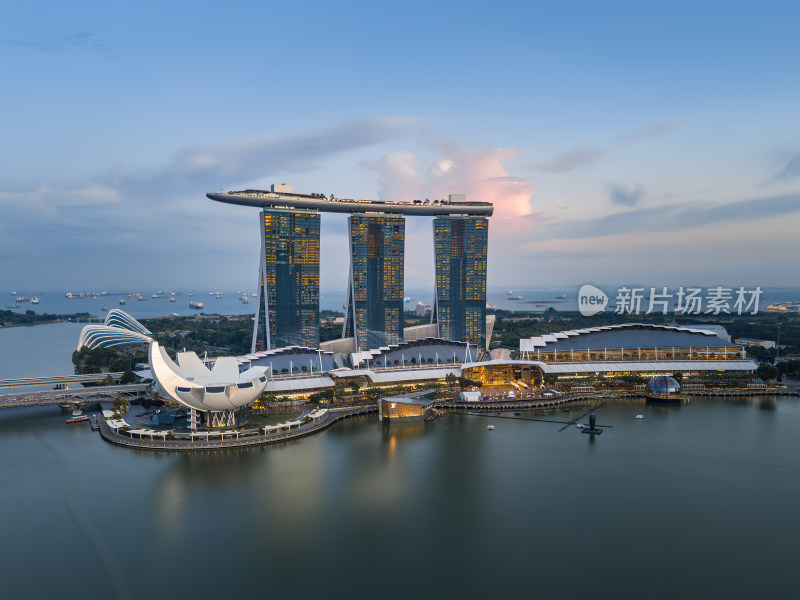 新加坡滨海湾金沙海滨奥林匹克蓝调夜景航拍