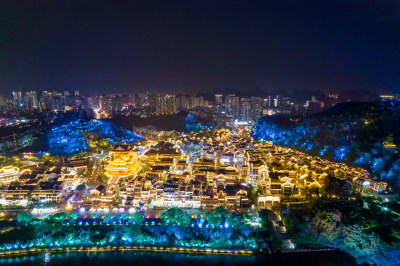 广西柳州窑埠古镇夜景灯光航拍摄影图