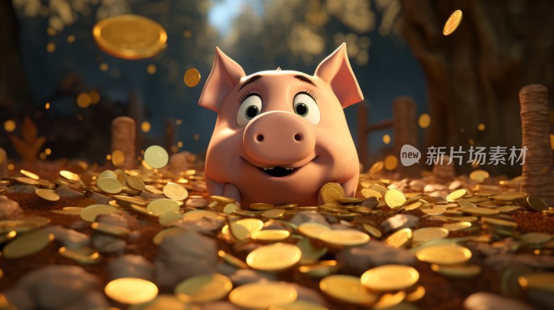 一只粉红色的卡通猪坐在一堆金幣中